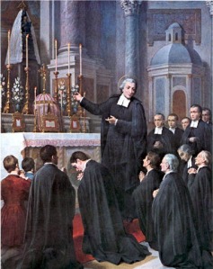 Em junho de 1686, São João Batista de La Salle e doze irmãos foram ao santuário de Nossa Senhora de Liesse para renovar seu voto de obediência. Pintura por Giovanni Gagliardi, 1901.